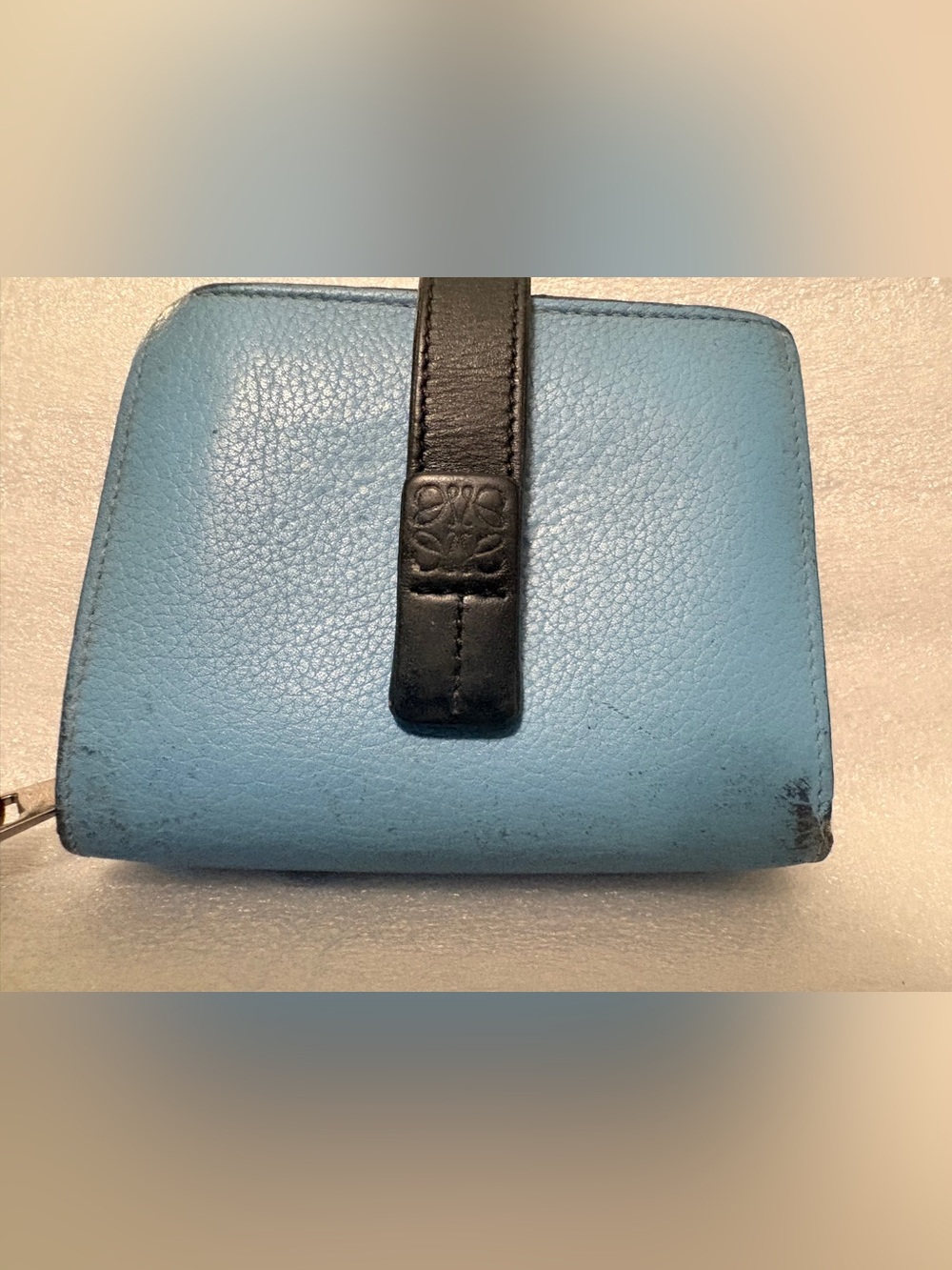LOEWE Powder Blue Pebbled Leather Compact Wallet Bifold Zip Coin Spain
